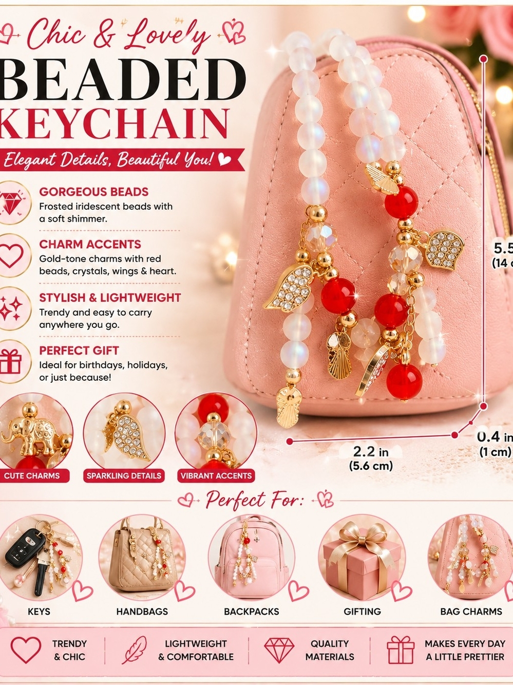 3 Beaded Keychain Bag Charm - Pink & Red Frosted Beads with Gold Accents